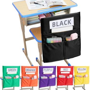 Imagem de moopok Tabela de bolso Chairback Buddy, bolsos de cadeira com bolso para sala de aula com 3 bolsos e 1 etiqueta de nome de aluno, organizador de bolsos de cadeira
