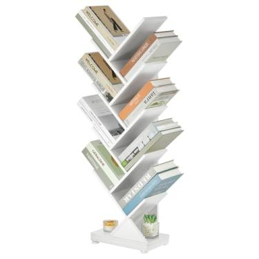 Imagem de ruboka Estante de árvore, estante retrô para CDs/revistas/livros, pequena estante para quarto, sala de estar, escritório, varanda, prateleiras de armazenamento marrom (branca, 8 camadas)