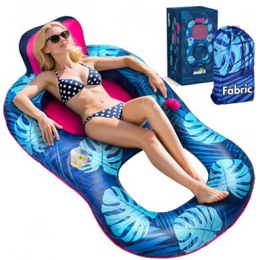 Imagem de Sunikko X Boias de piscina de viagem para adultos com bolsa de transporte, boias infláveis de tecido portátil para piscina flutuantes, boias de luxo com encosto e suporte de copo, inflação rápida