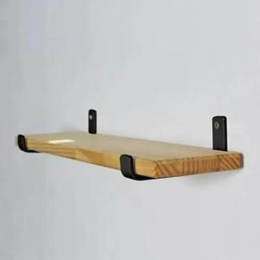 Imagem de Prateleira de Parede em Madeira Pinus com Suporte Metálico Preto, Moderna, Decorativa (60cm)