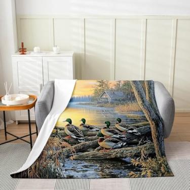 Imagem de Erosebridal Cobertor solteiro de pato-real 152 x 203 cm, cobertor de caça de pato para crianças adolescentes e adultos, cobertor de lã de lago para cabana ocidental, cobertor de flanela de animais de