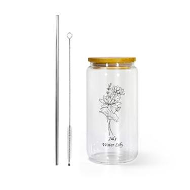 Imagem de AGH Lata de vidro de presente para homens e mulheres, copo de vidro de 473 ml com tampas Banboo e palha, copo de vidro de lírio de água de julho para Ice Coffe Smoothie Whiskey Boba Soda Tea Gift. 1