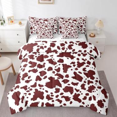 Imagem de Feelyou Conjunto de edredom solteiro com estampa de vaca, para crianças, marrom, branco, 7 peças, para meninos, meninas, adolescentes, conjunto de cama de vaca leiteira, respirável, casa de fazenda