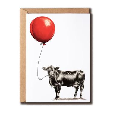Imagem de APVGifts Cartão de vaca com balão - Cartão de aniversário de vaca - Cartão de amantes de animais - Cartão de vaca fofa - Cartão de amante de vaca - Cartão de felicitações - Cartão de feliz aniversário