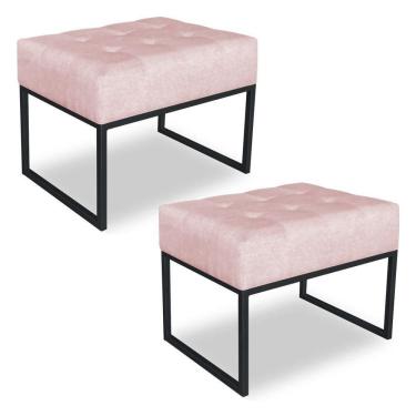 Imagem de Kit 02 Puffs Lisa Suede Rosa Bebê Base Metálica Industrial Preto - Pallazio