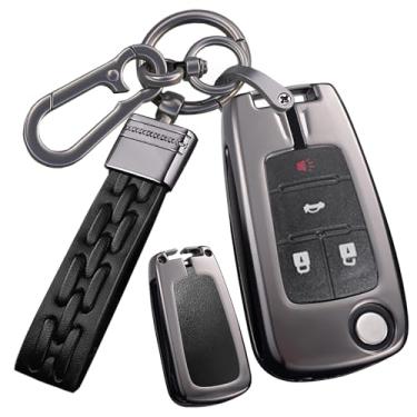 Imagem de SANRILY Keyless Metal Leather 3/4/5 Button Flip Key Fob Capa para Chevy Camaro 2012-2018 Cruze Equinox Malibu Sonic para GMC Terrain 2013 para Buick Lacrosse Encore Regal com chaveiro preto