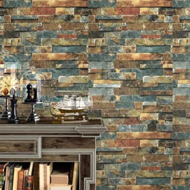 Imagem de Wallercity Papel de parede de tijolo azul/marrom, papel de parede autoadesivo de pedra 3D falso para parede, 40 x 80 cm, papel de contato com tijolos à prova d'água para lareira cozinha quarto