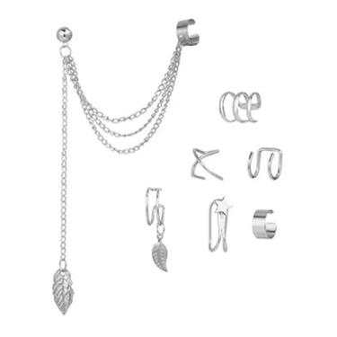 Imagem de Kit 7 Brincos Piercings Prateado Feminino Argola Pingente Folha E Estrela Moda