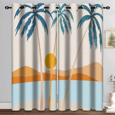 Imagem de Cortina blecaute de palmeira tropical boho, cortinas de janela oceânica costeira de meados do século, escurecimento com isolamento térmico, cortinas de janela para sala de estar, quarto, 2 painéis 132