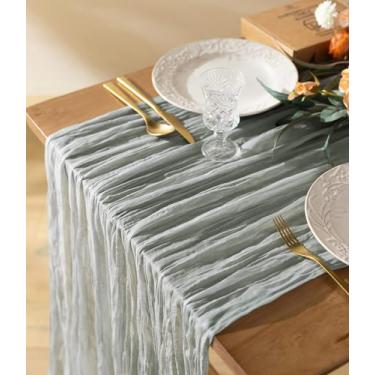 Imagem de Vitalizart Toalha de mesa de gaze cinza azul 89 x 300 cm 3 m decoração rústica boho para decoração de casamento, recepção, chá de noiva, festa de fim de ano
