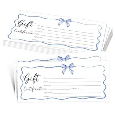 Imagem de 25 vales de presente Bow para empresas, vale de presente azul em branco para salão, spa, restaurantes, casamento, aniversário, Natal, vouchers personalizados para clientes, 9 x 20 cm