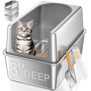 Imagem de Caixa de areia de peneiramento de aço inoxidável XXL com tampa, caixa de areia de gato peneiradora para pelotas de madeira de pinheiro, sistema de bandeja de areia de peneira de 40,6 cm de altura