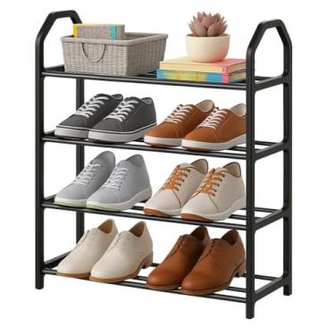 Imagem de Sapateira Vertical 4 Andares Compacta Organizador de Sapatos Multiuso Estrutura Reforçada Plástico PP e Tubos de Ferro Ideal para Quartos Closets Corredores Lavanderias Armazenamento Calçados (Preta)