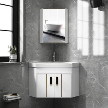 Imagem de Pia De Banheiro De Montagem Em Parede Pequena, Armário De Pia De Banheiro Flutuante De Montagem Em Parede Pequena, Mini Pia De Banheiro De Canto De Banheiro Moderno, Para Ban, White, Set2-48cm