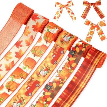 Imagem de Tigeen 6 rolos 30 jardas fitas de borda com fio laranja abóbora folha de bordo peru impressão xadrez fitas decorativas de serapilheira para Ação de Graças outono colheita festa grinalda laços