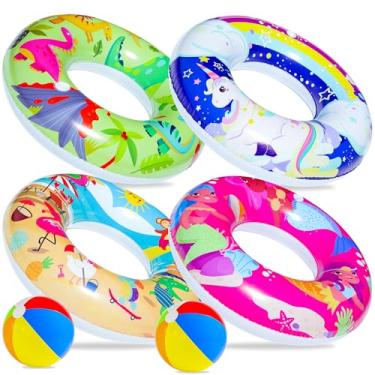 Imagem de Pacote com 6 anéis infláveis para festas na piscina Parentswell, 4 tubos de piscina (com 2 bolas de praia), lembrancinhas de festa na piscina de verão e diversão na praia