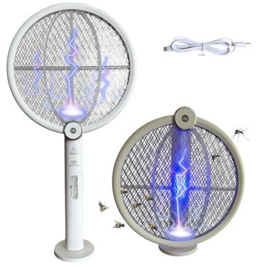 Imagem de Raquete Elétrica Recarregável Cor Branca Mata Mosquistos Pernilongos Com Iluminação Luz UV Atrai Insetos Raquete Dobravél Com Suporte De Mesa E USB