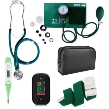 Imagem de Kit Enfermagem Acadêmico Com Estojo Completo Verde Premium - Estetoscópio, Esfigmomanômetro, Oxímetro, Termômetro e Garrote. Fundamentos Medicina