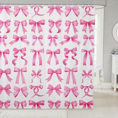 Imagem de Manfei Cortinas de chuveiro infantis com gravata borboleta, cortina de banheiro moderna de princesa sonhadora, decoração de casa fofa, cortinas impermeáveis rosa e branco, 12 ganchos para ternos, 182