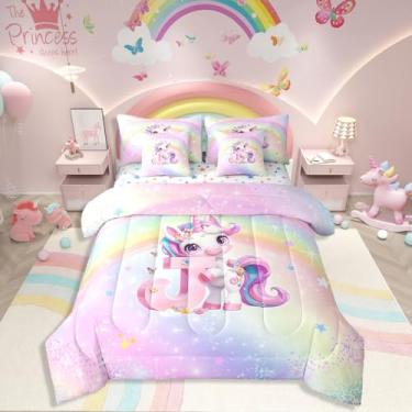 Imagem de Jogo de cama infantil solteiro de unicórnio rosa em uma bolsa para meninas, conjunto de edredom colorido, arco-íris, galáxia, alfabeto fofo, letra J com edredom, decoração de quarto de unicórnio e