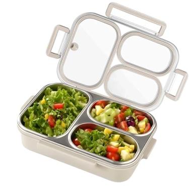 Imagem de Eechen Charm Lancheira de aço inoxidável para crianças, caixa bentô de 3 compartimentos com tampa | Recipiente de metal ecológico à prova de vazamento, para escola, trabalho, piquenique | Fácil de