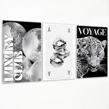 Imagem de Conjunto de 3 arte de parede em tela preta e branca, pôster de capa de revista de moda com pintura de guepardo, imagem de carrinho de bar de bola de discoteca de clube de luxo, impressão na moda Kiss