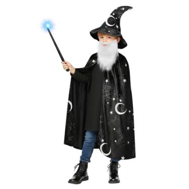 Imagem de Toulite Halloween Wizard Cape for Kids Age 3-16, Witch Costume Includes Cape Hat Glowing Wand and Beard Suit for Boys Girls(23.62 Inch,Black)