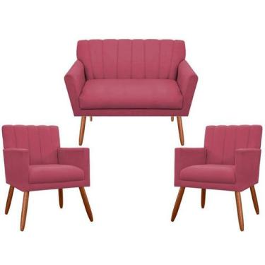 Imagem de Kit Namoradeira + 2 Poltronas Decorativa Cecília Suede Rosa Pés Madeir