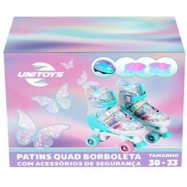 Imagem de Patins Feminino Roller Infantil Azul Borboleta KIT Proteção Unitoys TA