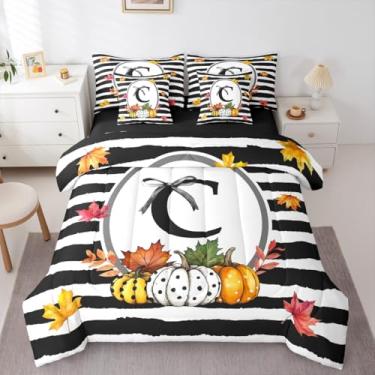 Imagem de Erosebridal Conjunto de edredom personalizado com letra C com lençol com laço alfabético, 7 peças, solteiro, para crianças, meninos, meninas, bolinhas, abóbora, outono, colheita, cama, outono, folha