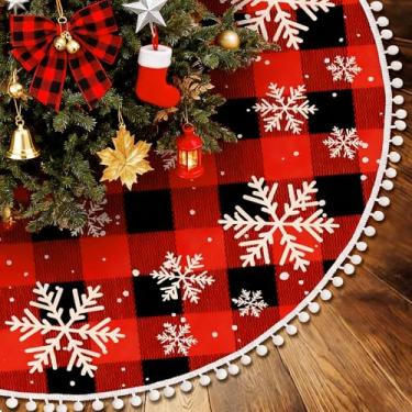 Imagem de Sozize Saia xadrez de búfalo vermelho e preto de 91 cm com estampa de floco de neve e borda de pompom, tapete rústico de árvore de Natal para decoração de festa de ano novo (xadrez - floco de neve)