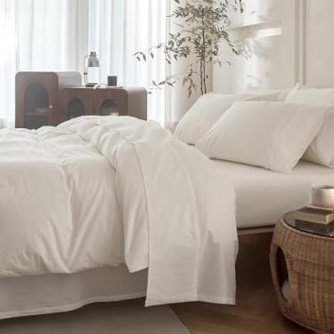 Imagem de BDEAR Jogo de cama Queen 4PS Off White, padrão Oeko-TEX, 100% algodão lavado, linho, lençol com elástico alto, lençol de cima aconchegante e 2 fronhas