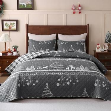 Imagem de Invoibler Jogo de cama queen de Natal, colcha leve de 3 peças com 2 fronhas, colcha de árvore de Natal com floco de neve de alce, conjunto de edredom de microfibra cinza para decoração de férias de