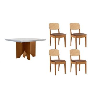 Imagem de Conjunto Sala de Jantar Nevada c/ Tampo Madeirado c/ Vidro Canto Curvo 90x90cm e 4 Cadeiras Havana Premium Naturale/Off White - Capuccino/Corano Capuc