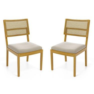 Imagem de Kit Com 2 Cadeiras Milena Madeira Maciça Assentos Estofados Encostos De Tela Palha Sextavada
