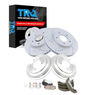 Imagem de TRQ Pastilha de freio dianteiro e traseiro e rotor, kit de sapata e tambor Desempenho de cerâmica revestido com G premium compatível com Hyundai Venue 2020