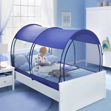 Imagem de Alvantor Barracas para cama com dossel de mosquiteiro, barracas de sonho, espaço de privacidade, barracas de dormir, tamanho duplo, estrutura dobrável, portátil, respirável, azul marinho (Não