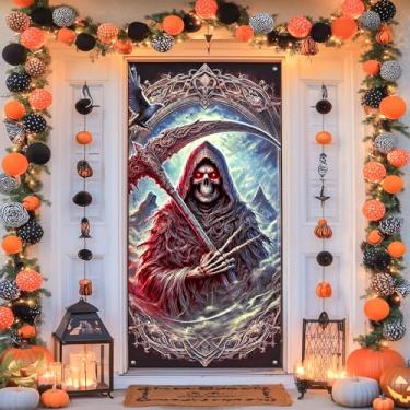 Imagem de BlissYard Capa de porta de Halloween assustadora decoração de porta interna externa para igreja de escritório em casa com ceifador e foice portas festivas mural tema assombrado 71 x 35 polegadas