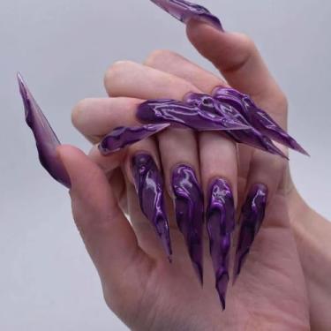 Imagem de Kit de unhas postiças longas para Halloween, conjunto de cola falsa roxa com design simples de glitter 3D, cobertura completa, bastão falso artificial em unha de acrílico para mulheres, uso diário, 24