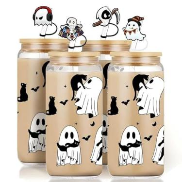Imagem de Poxela Copos de Halloween - Copos de vidro de Halloween de 510 g com 4 capas de palha de silicone - Xícaras de café de Halloween e cesta Ghost Tumbler Boo Caneca fantasma - Decoração de Halloween para