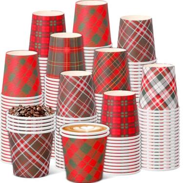 Imagem de FoldTier 300 peças de copos de papel de Natal 118 g Xícaras de café expresso descartáveis xadrez búfalo 6 estilos de Natal xadrez para bebidas quentes frias chocolate cacau chá festa de Natal