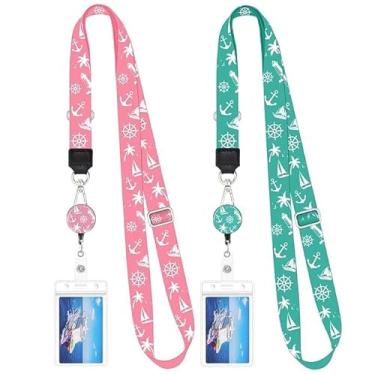 Imagem de Pacote com 2 colhedores fofos de cruzeiro com carretel retrátil para crachá e porta-crachá de identificação à prova d'água cordões de fivela destacável para navios de cruzeiros cartões-chave (rosa e