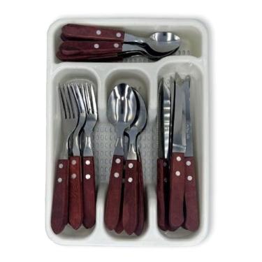 Imagem de Jogo de Talheres com Porta Talheres em Madeira, Organizador com Divisórias para Cozinha, Faqueiro Completo