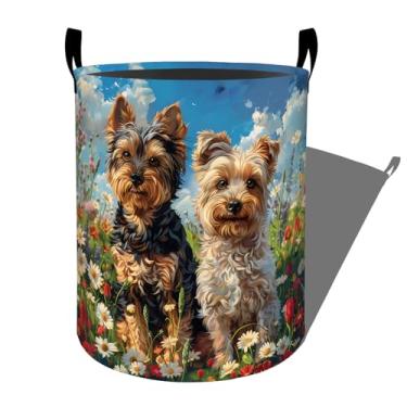 Imagem de Cesto de lavanderia fofo Yorkshire Terrier em campo de flores com alças, 50 cm x 39,9 cm, organizador de cesto de roupa suja dobrável para dormitório, berçário, quarto, decoração de banheiro, caixa de