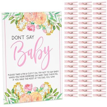 Imagem de Sparkle and Bash Jogo de prendedor de roupa floral para chá de bebê, tema Don't Say Baby com 60 alfinetes de roupas rosa e placa de 20 x 25 cm