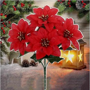 Imagem de 4 cabeças de flores de poinsétia artificiais de Natal requintados buquês de poinsétia de seda sintética com hastes ramos de flores falsas para enfeites de árvore de Natal, arranjo de decoração de