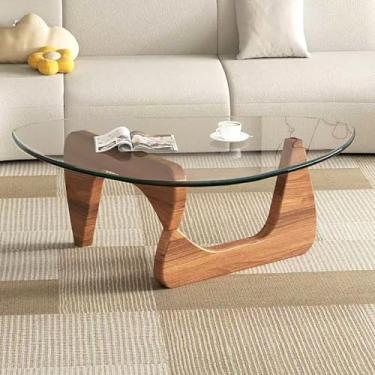 Imagem de Mesa de centro de vidro moderna para sala de estar, mesa de centro pequena de meados do século, mesas de centro elegantes adequadas para quarto, sala de estar, recepção, escritório, mesas (nogueira