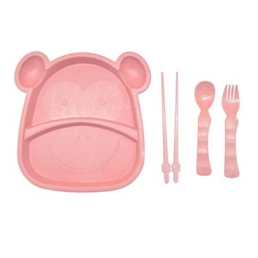 Imagem de Kit Alimentação Bebê Infantil Ursinho 5 Peças Rosa – Prato,palito tipo Hashi Talheres | Jantar Infantil | Conjunto para Bebê Antiderrapante