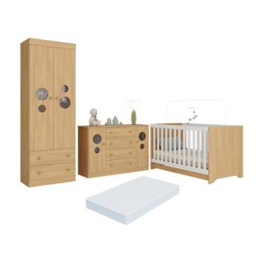 Imagem de Quarto de Bebê Completo Berço Americano 3 em 1 Colchão Pirulito Multimóveis Mp4641 Madeirado