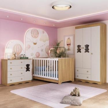 Imagem de Quarto de Bebê Completo com Berço Americano 3 em 1 Doçura Multimóveis Mp4654 Madeirado/off White